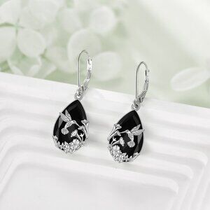 Hummingbird Earrings S925 Sterling Silver Black Dangle Drop Earrings